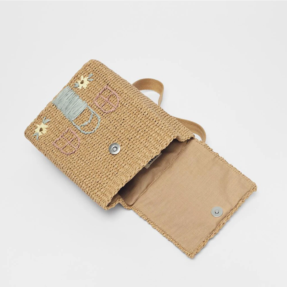 Cute Woven Double-Shoulder Bag Children's Backpack Student School Bag Girls' Backpack with Embroidery for Travel Photo Props