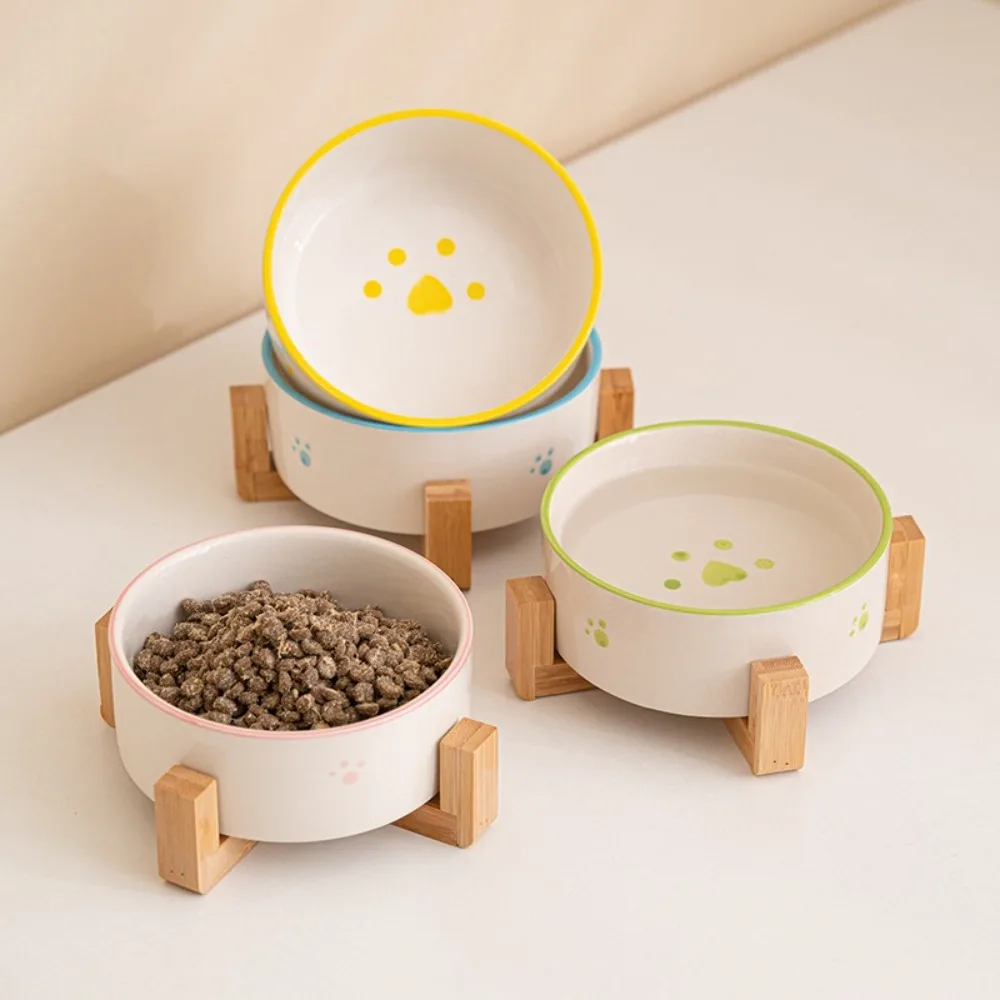 

Cute Ceramic Flat Mouth Cat Bowl Anti-knock Cartoon Dog Food Container Large Diameter Prevent Tipping Over Pet Bowl Living Room