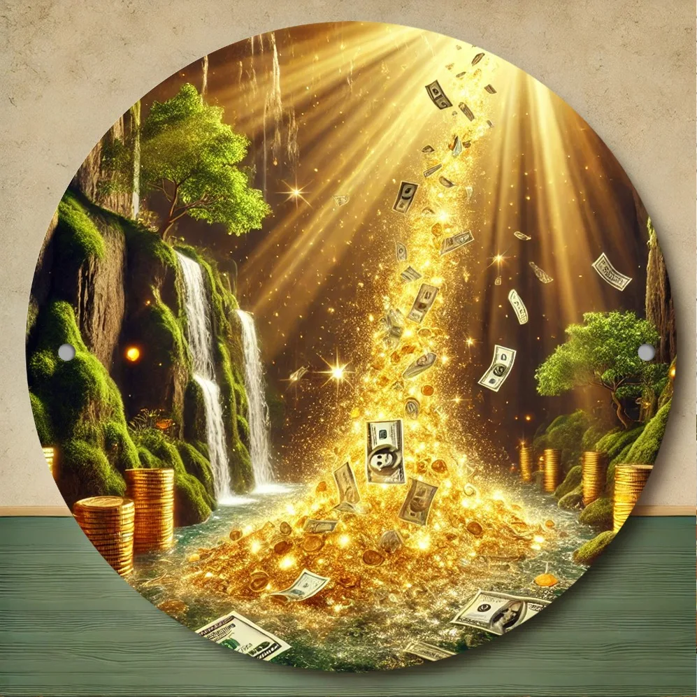 1pc Money Waterfall Spectacle Themed  High-Definition Vintage Metal Wall Art Poster, Humorous Decorative Gift, Durable,