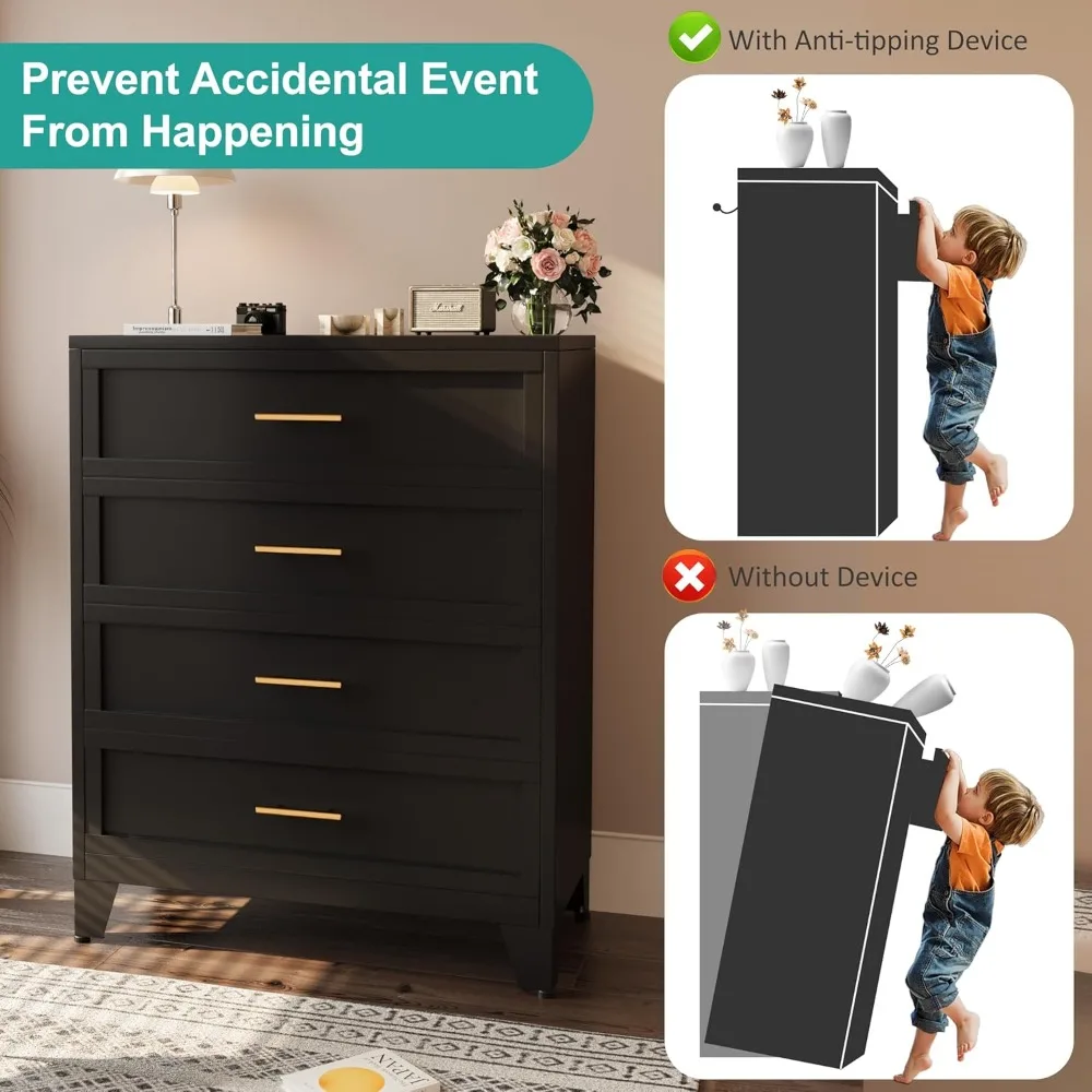 Tocador de dormitorio negro de 4 cajones, tocador de metal y gabinete con cajones, gabinete de almacenamiento alto 43,1, gabinete de almacenamiento grande