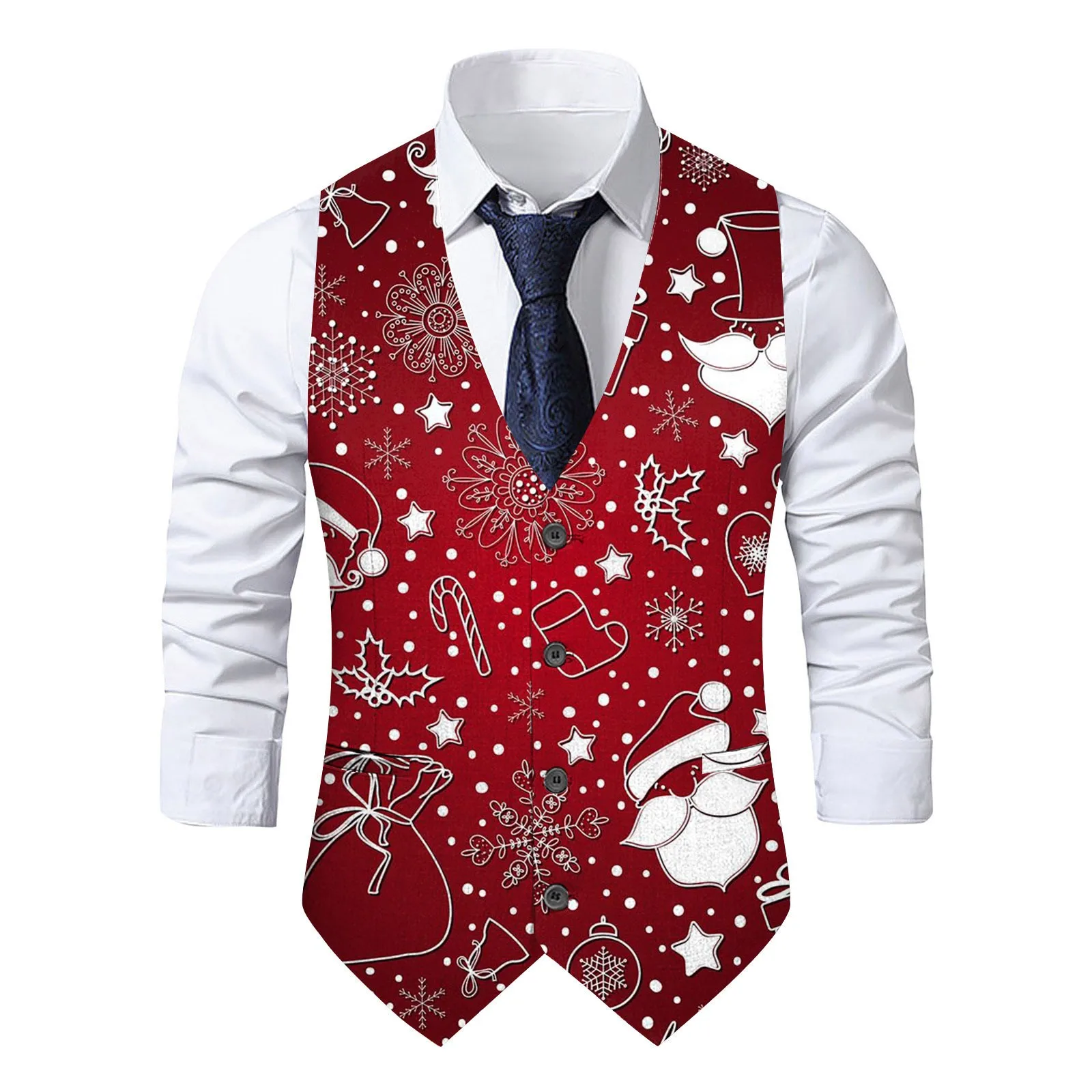 Christmas Snowflakes Printed Pocket Vest Jacket Single Breasted Sleeveless V Neck Blazer Winter Slim Fit Suit Vest for Men