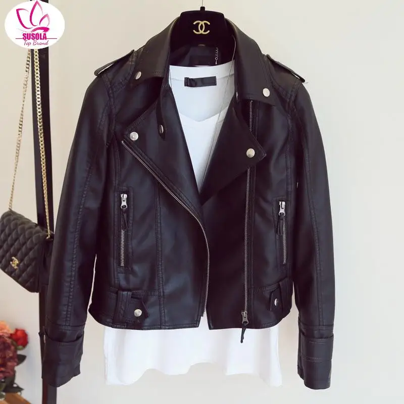 SUSOLA Women Autumn Leather Jacket Moto Biker Motocycle Female Outwear Classical Faux Leather Coat Black Turn-down Collar