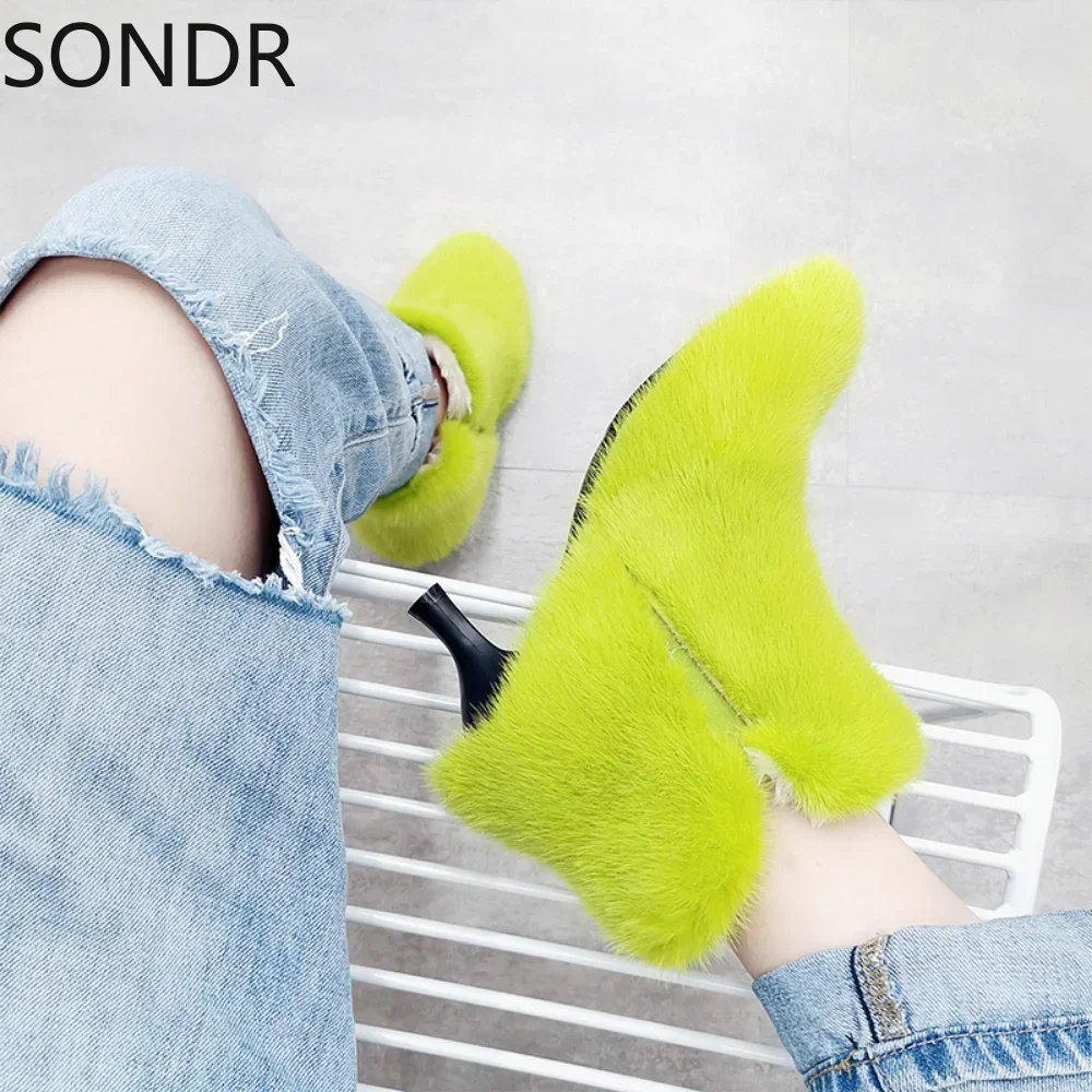 Womens Genuine Mink Fur Leather Furry Ankle Boots Stilettos High Heel Luxury Shoes Custom Made Candy 11 Color Australia