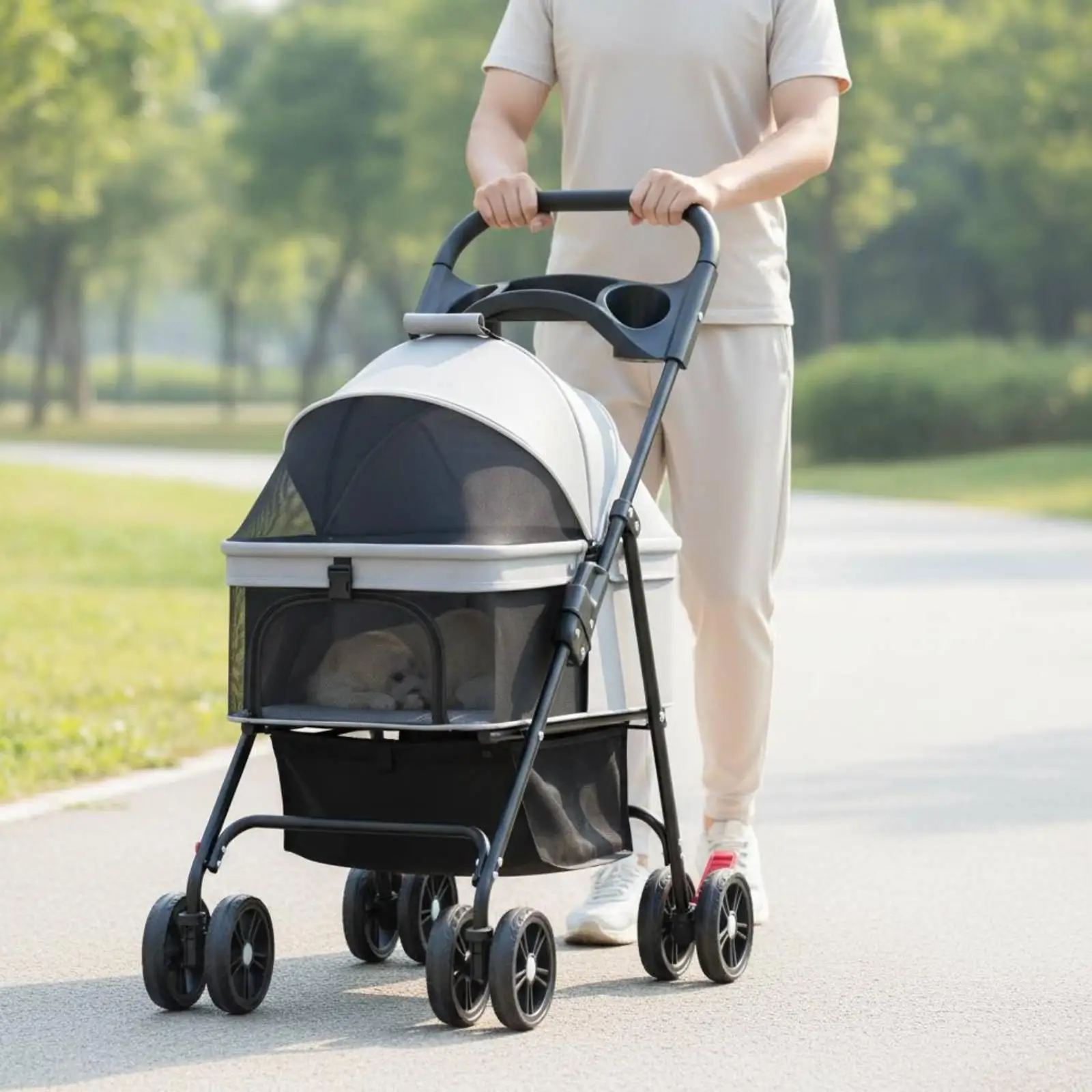 Pet Carrier on Wheels Portable Transport Cart for Dog Cat Foldable Travel Stroller Lightweight Carbon Steel Frame Easy Push