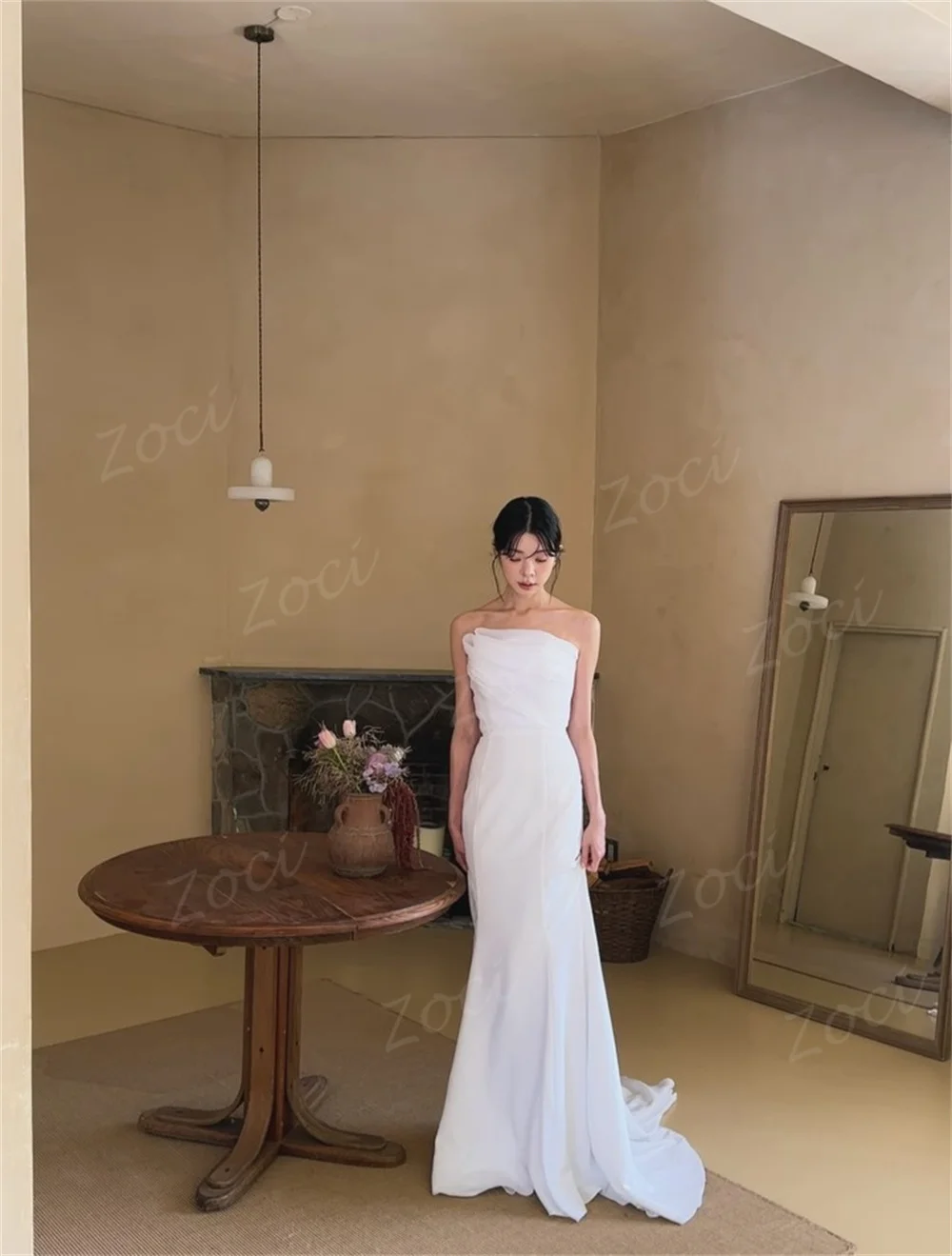 Zoci Customized Mermaid Bride Korea Wedding Dresses Strapless Pleats Formal Bridal Gowns Bride Wedding Photo-shoot Party Dress