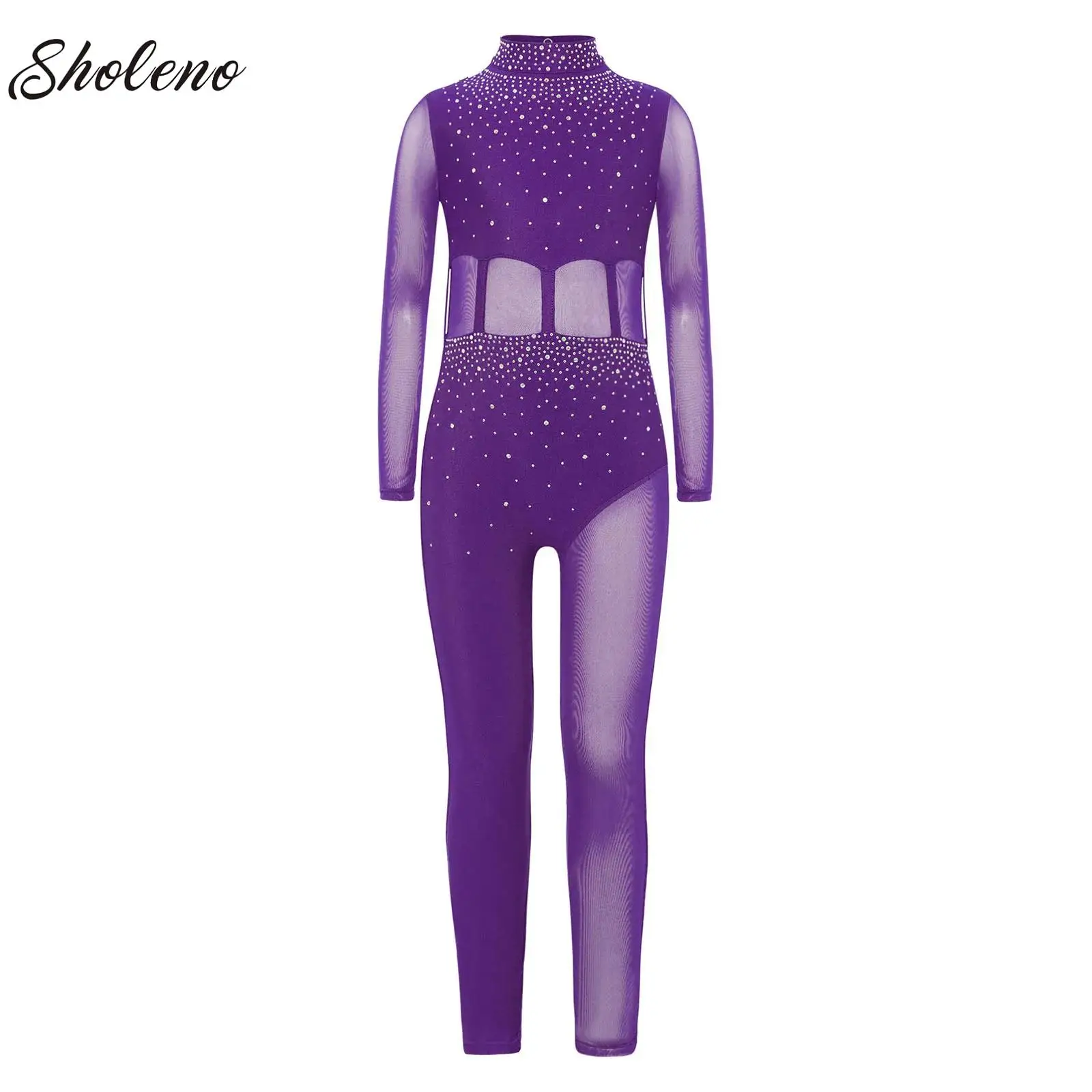 

Teens Girls Gymnastics Ballet Dance Full Unitard Leotard Kids Long Sleeve Mesh Jumpsuit Performance Figure Skating Costumes