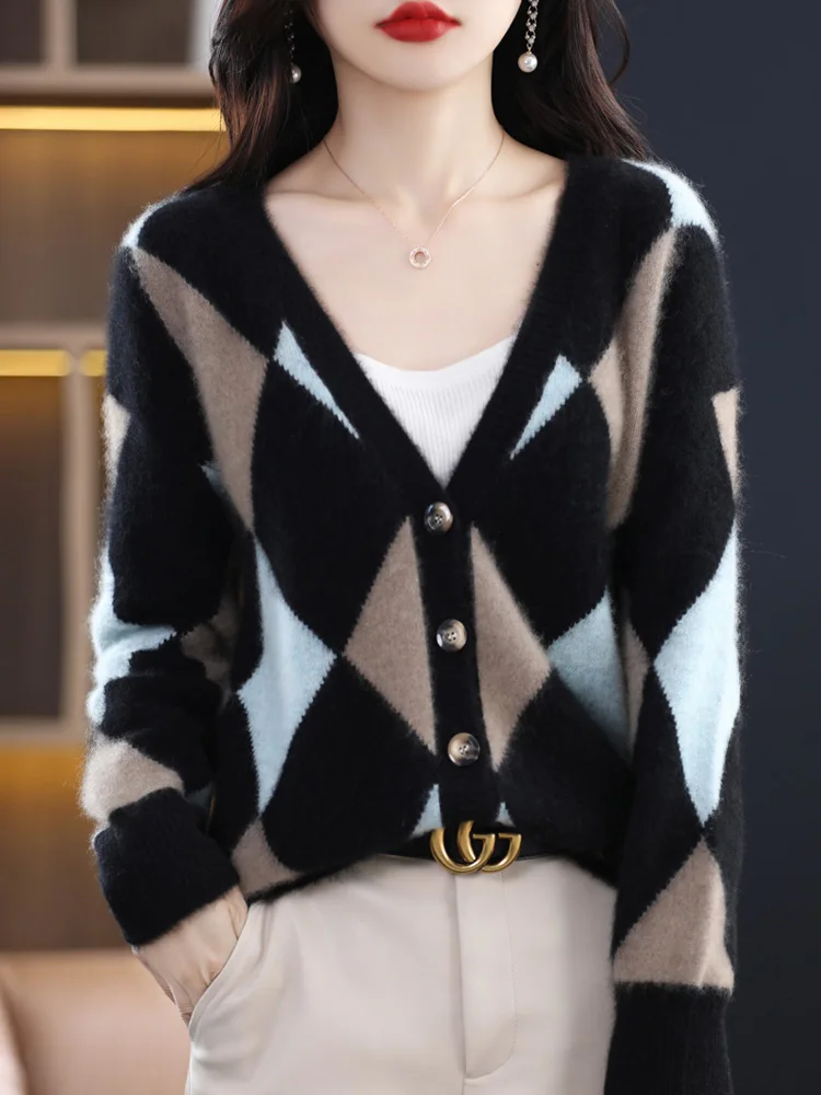 

Light Luxury 100% Merino Wool Women Sweater Autumn Winter Splicing Color Knitwear Fashion Cardigan Long Sleeve Clothing Tops