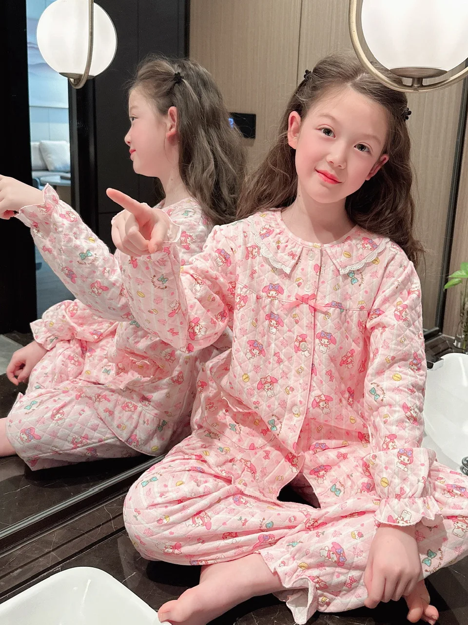 sweet-princ-sle-parent-child-spwear-thin-cotton-home-clothes-set-for-girls-pure-cotton-spring-autumn-comfortable-kids