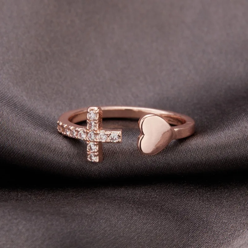 Classic Popular Zircon Cross With Heart Rings For Women New Rose Gold Color Open Adjustable Wedding Ring Dropshipping