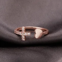 Classic Popular Zircon Cross With Heart Rings For Women New Rose Gold Color Open Adjustable Wedding Ring Dropshipping