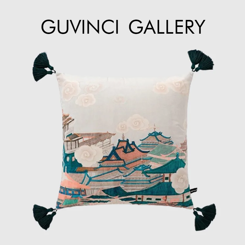 GUVINCI The Imperial Palace Scene Throw Pillow Cover Ancient Chinese Art Decorative Cushion Case For Hotel Office Home Villa