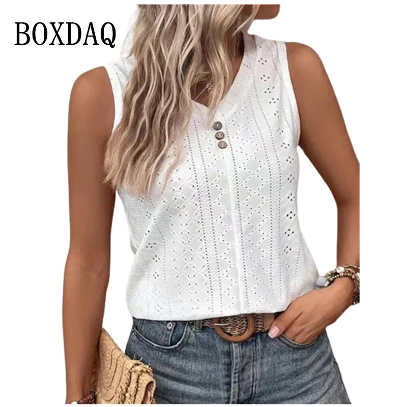 2023 Women Blouses Summer Sexy Tank Hollow V-Neck Button Loose Shirts Elegant Sweet Casual Sleeveless Solid Color Oversized Tops