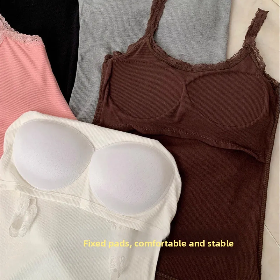 Early Autumn Women's Slim Fit Lace Trim Halter Vest Comfortable U-Neck Fixed Strap Chest Pad Casual Style Inner Wear Outer Wear