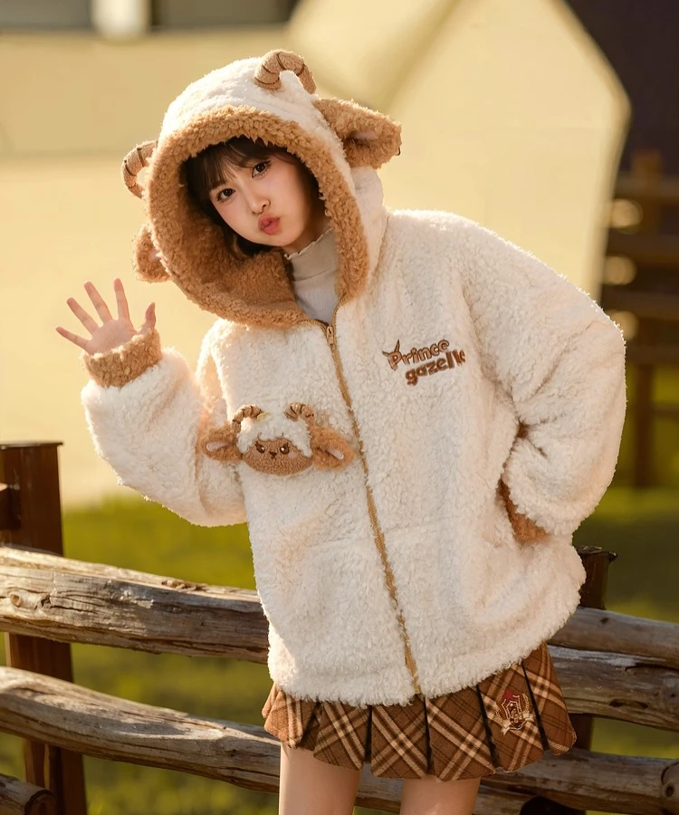 2025 Autumn Winter New Cute and Fun Little Sheep White Loose Comfortable Zipper Long Sleeve Hooded Casual  Plush Sweatshirt