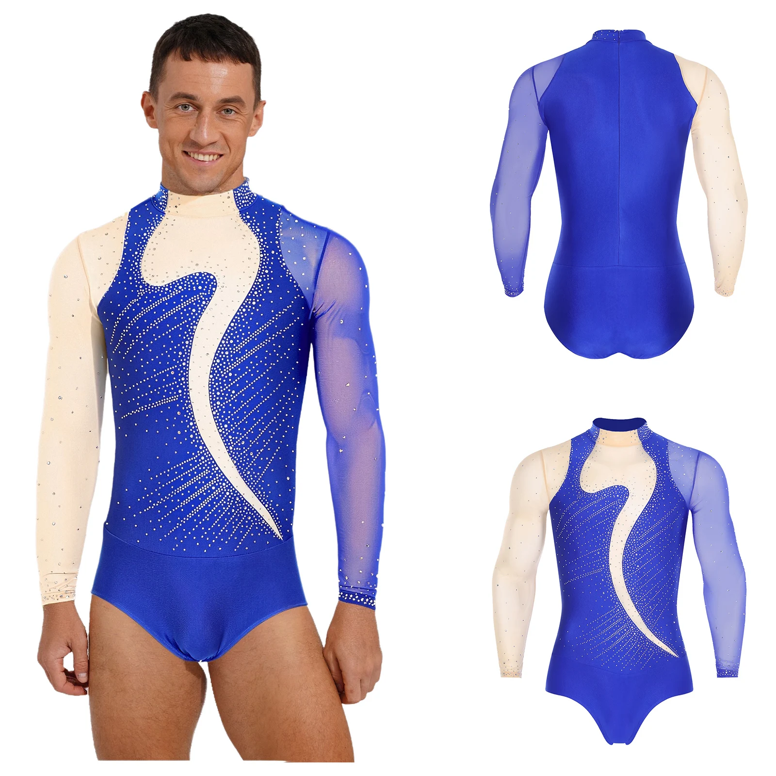 

Mens Ballet Leotard Swimsuit Contrast Color Rhinestones Bodysuit Gymnastics Figure Skating Ballroom Chacha Latin Jazz Dance Wear