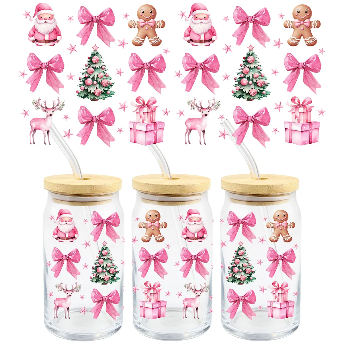 Pink Santa Claus Bow Christmas Tree UV DTF Transfer Sticker Libbey 16oz Glass Cups Wraps Coffee Mug Decals Party Xmas Home Decor