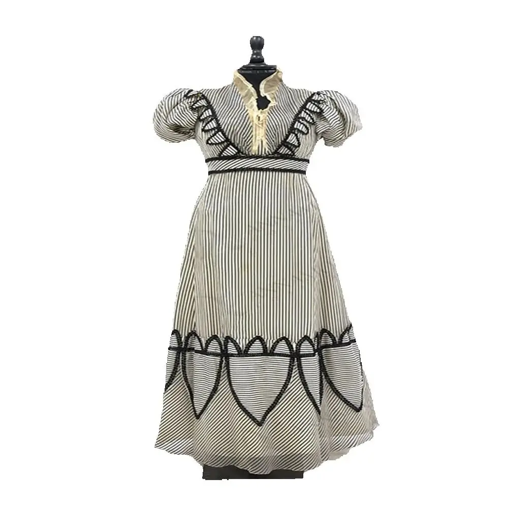 

1830s Victorian Edwardian Gothic Black And White Striped Afternoon Dress Civil War Ball Gown