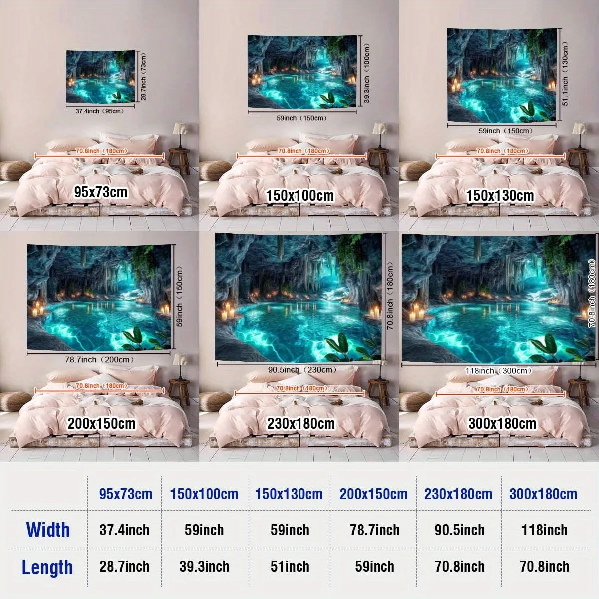 Mystical Cave Lake Tapestry, Crystal Cavern with Candles Print Wall Hanging for Bedroom Living Room Aesthetic Home Decor