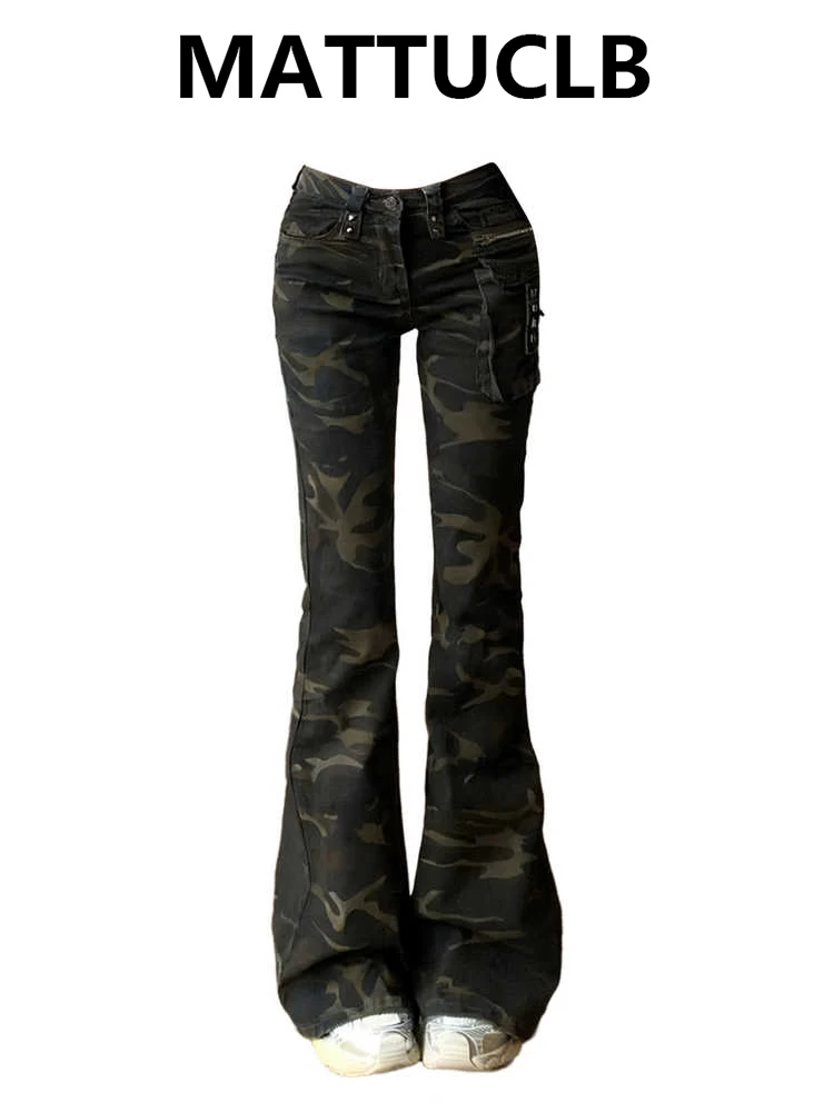 

Women's Camouflage Flare Denim Pants Kpop Designer 2000s Abi Bell Bottom High Waist Jeans Abi Long Trousers Japanese Y2k Grunge