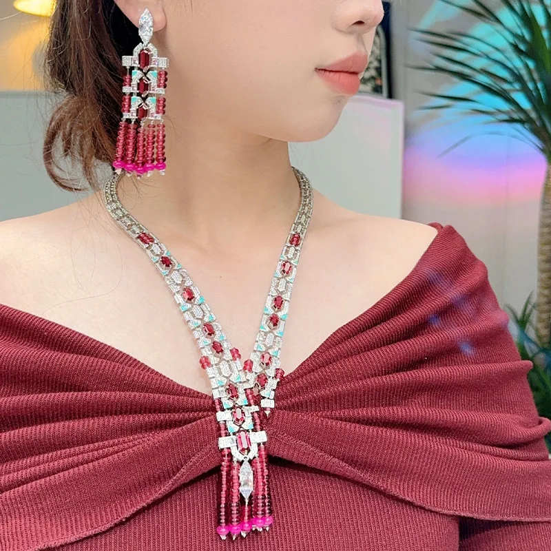 Designer Vintage Earrings Necklace Women Lady Inlay Czech Zircon Enamel Red Beads Tassels Wide Chain Party Choker Jewelry Sets