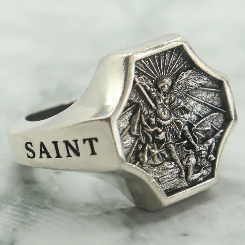 

Buy 3 Get 1 Free Stainless Steel Archangel Michael defeating Satan bas-relief Men's Rings captures celestial triumph on the Hand