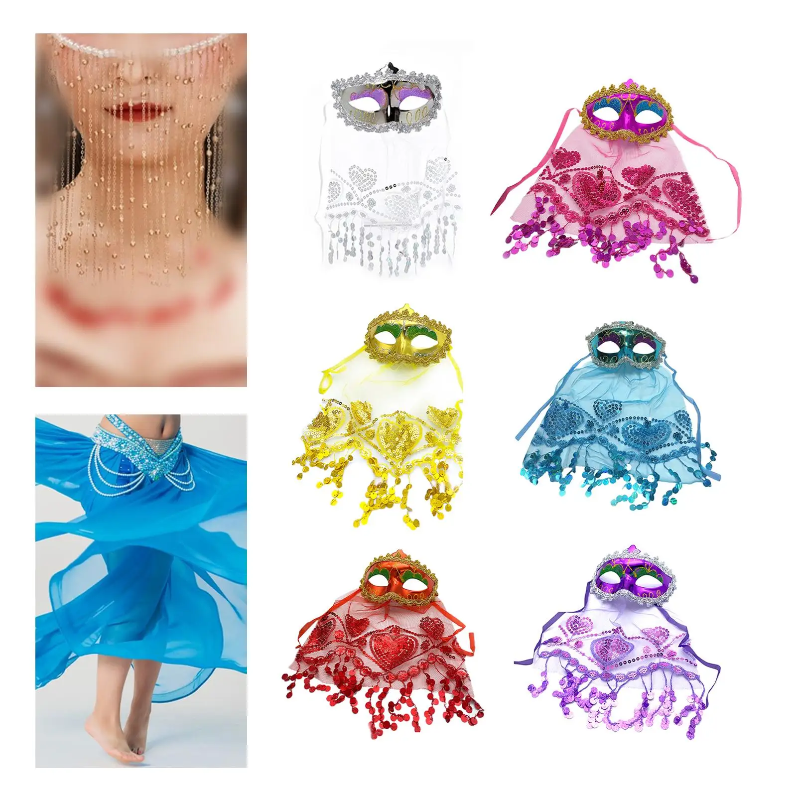 여성용 벨리 댄스 페이스 베일 아이 마스크 리본 스트랩 포함 할로윈 의상 무대 공연 나이트 클럽 카니발용