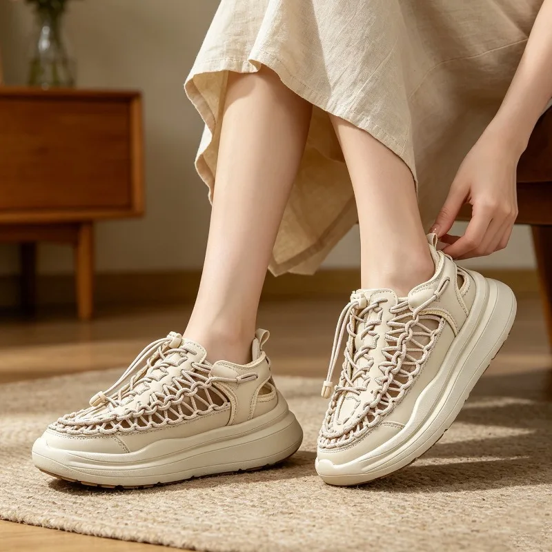Summer New Couple Woven Toe Sandals Thick Platform Sole Anti Slip Wear Resistant Comfort Footwear for Beach Travel Daily Outdoor