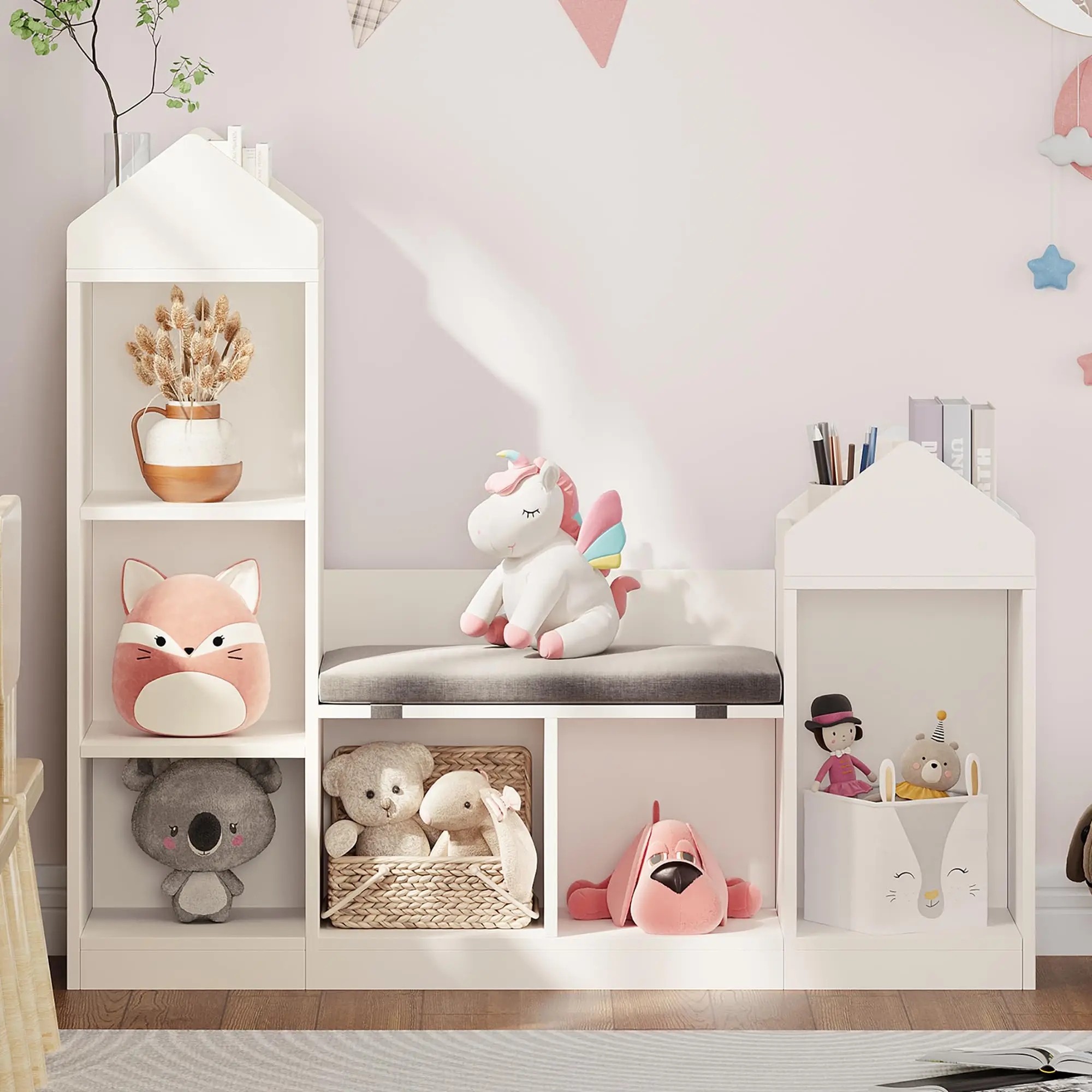 Kids Bookshelf with Reading Nook 47.75in Width Children Bookcase 6-Cubby Toy Storage Organizer Seat Cushion Wooden Storage Bench