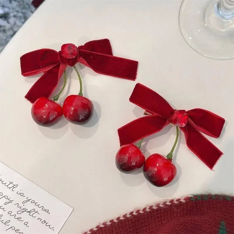 

652F Harajuku Bowknot Hairpin with Small Cherry for Women Kids Gothic Charm Hair Clip Aesthetics Hair Accessories