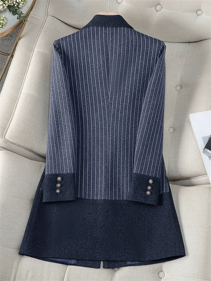 เสื้อเบลเซอร์ผ้าขนสัตว์ลายทางสำหรับผู้หญิง แขนยาว สไตล์ลำลอง เหมาะสำหรับใส่ทำงาน หรือเป็นเสื้อคลุมกันลม