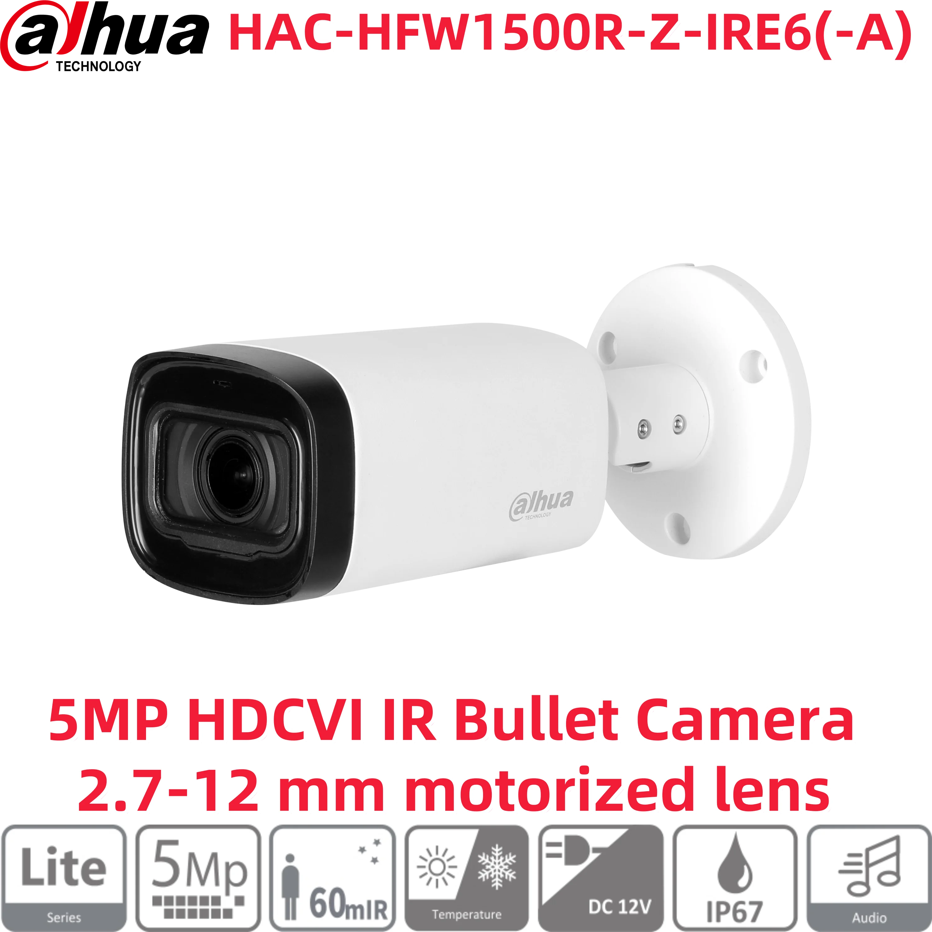 dahua HAC-HFW1500RP-Z-IRE6-A 5MP HDCVI IR Bullet Camera 2.7-12 mm motorized lens Max. IR length 60 m, Smart IR Built-in mic(-A)