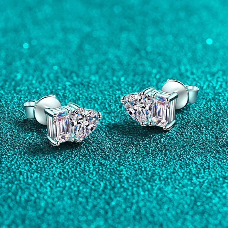 DRring 2cttw Real Moissnaite Stud Earrings for Women Heart Cut Emerald Solid S925 Sterling Silver Wedding Jewelry Wholesale GRA