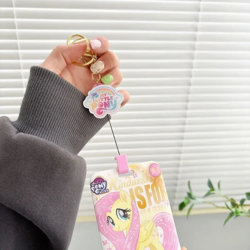 بلدي ليتل المهر حاملي بطاقات الهوية الكرتون الخنصر فطيرة بطاقة الوصول سلسلة مفاتيح Kawaii Fluttershy قابل للسحب حافظة بطاقات الائتمان قلادة #3
