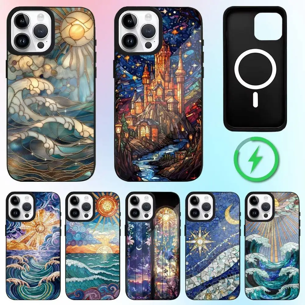 

Aesthetic Glass Printed Sun & Moon Phone Case For iPhone17,16,15,14,13,12,11 Plus,Pro Max Magnetic Magsafe Wireless Charging