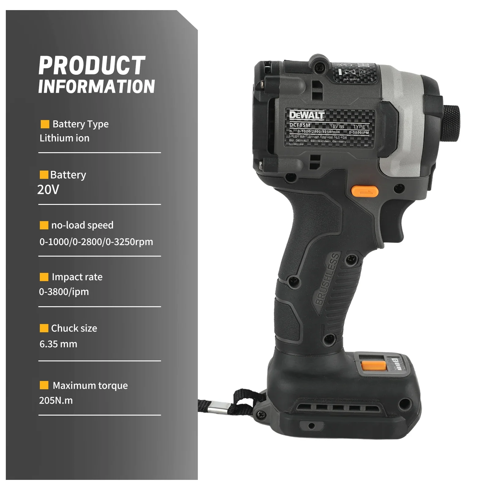 DeWalt DCF85m Cordless Screwdriver Brushless Electric 205N.m 6.0Ah Electric Impact Drill，For Dewalt 20V Lithium battery