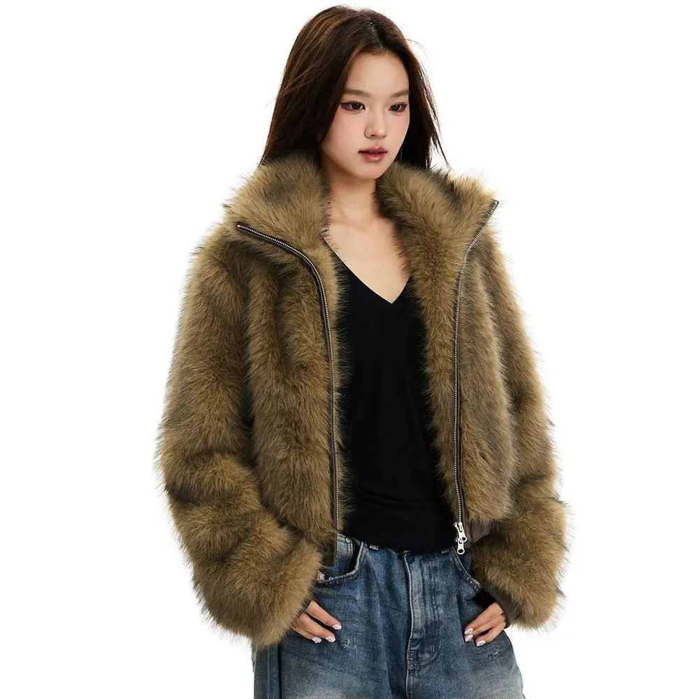 Zipper Short Faux Fox Fur Coat Women Winter Fluffy Jacket Long Sleeves Artificial Plush Fur Coat Furry Outerwear 2025