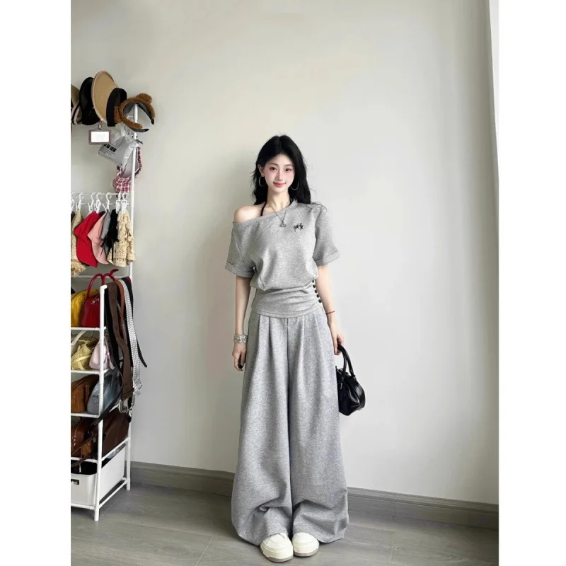 2025 Fashion Salt Style Girl Casual Sports Suit for Women One-Shoulder Waist-Cinching Short Sleeve Wide-Leg Pants Two-Piece Set