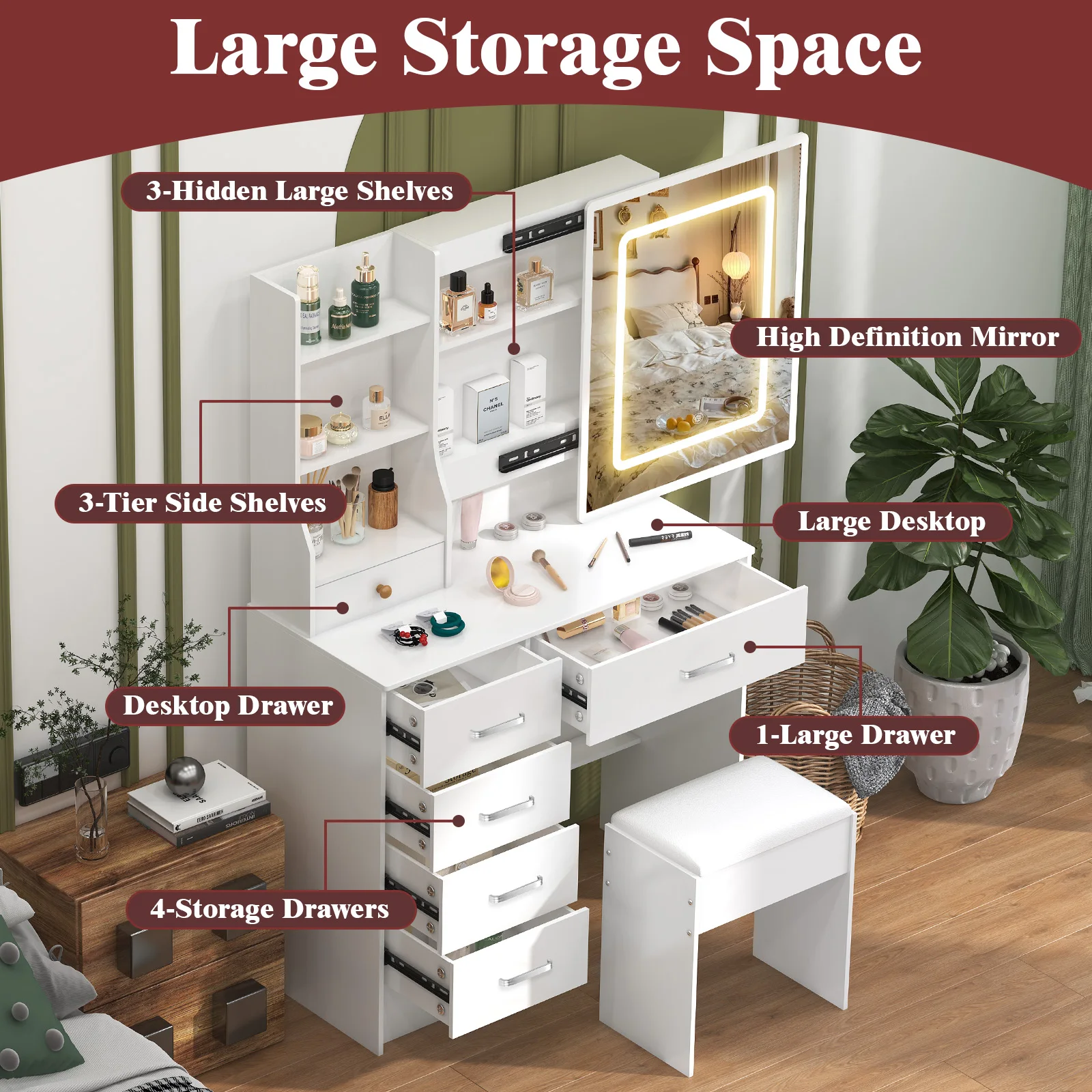 مجموعة مكونة من 10 مرآة LED لطاولة مكياج مع مقعد و5 أدراج #1