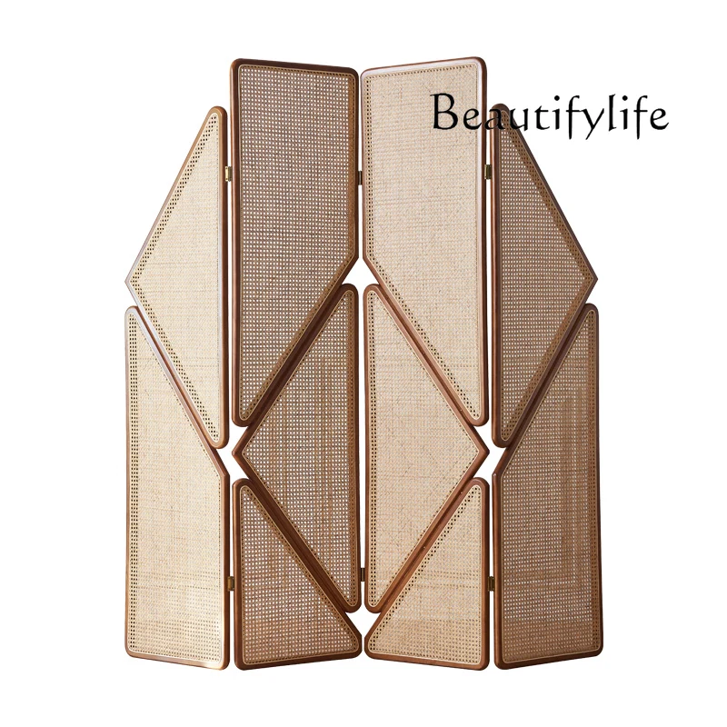 Nordic solid wood rattan screen partition wall movable folding screen new Chinese arc retro entrance screen