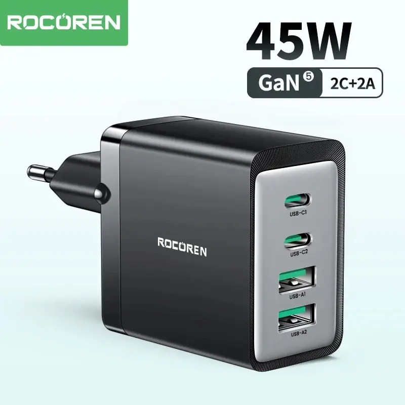 Rocoren GaN 45W 4 in 1 Multiple Ports Charger USB Type C Fast Charging Portable Quick Charger For iPhone 15 Pro Samsung Xiaomi