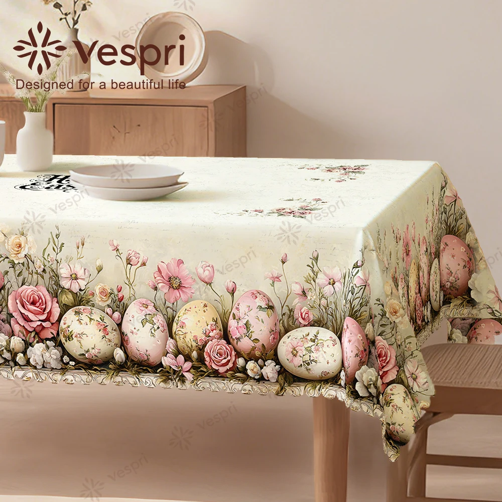 

Скатерть Vespri для Пасхального стола, бежево-белая, с узором из яиц, цветов и бабочек, круглая, прямоугольная, овальная, полиэстер, декоративная