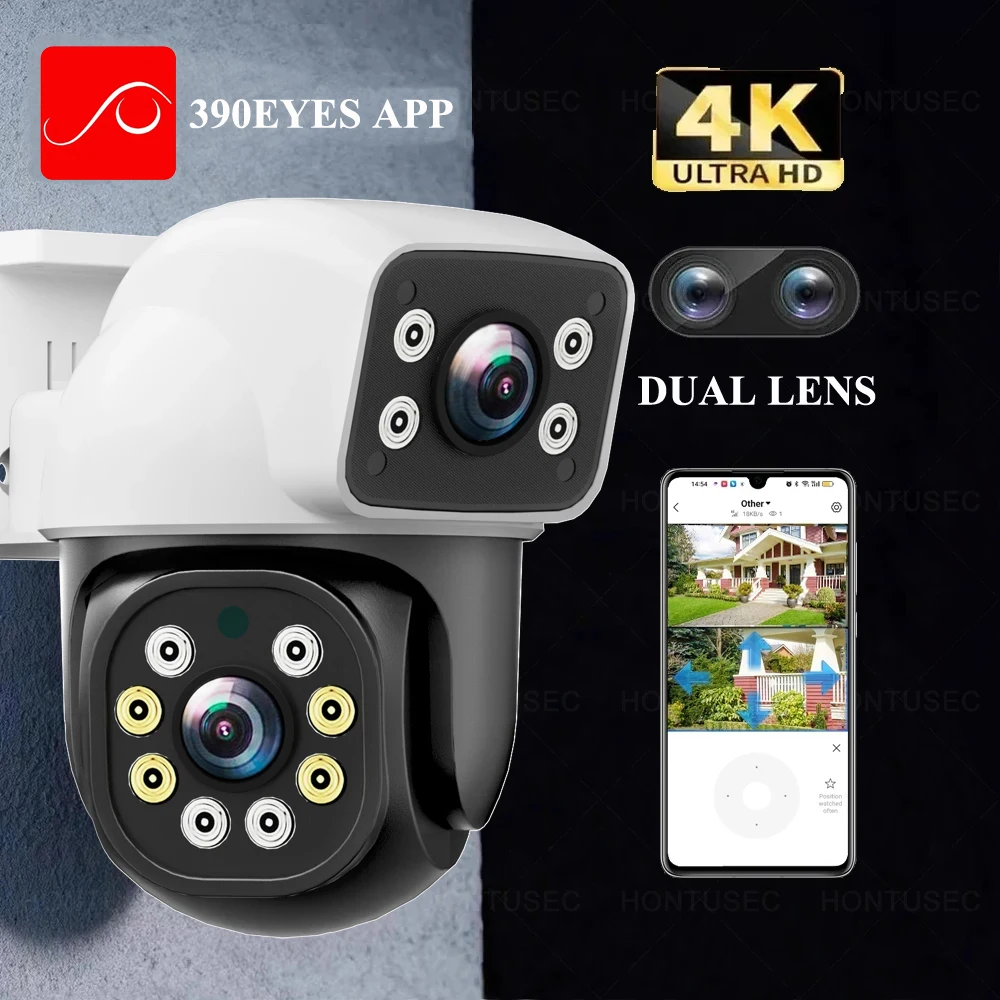 

Беспроводная IP-камера видеонаблюдения 390EYES APP 4K 8МП с двумя объективами, двумя экранами, Wi-Fi, PTZ, 4МП, для наружного использования, IP66, с двусторонней аудиосвязью