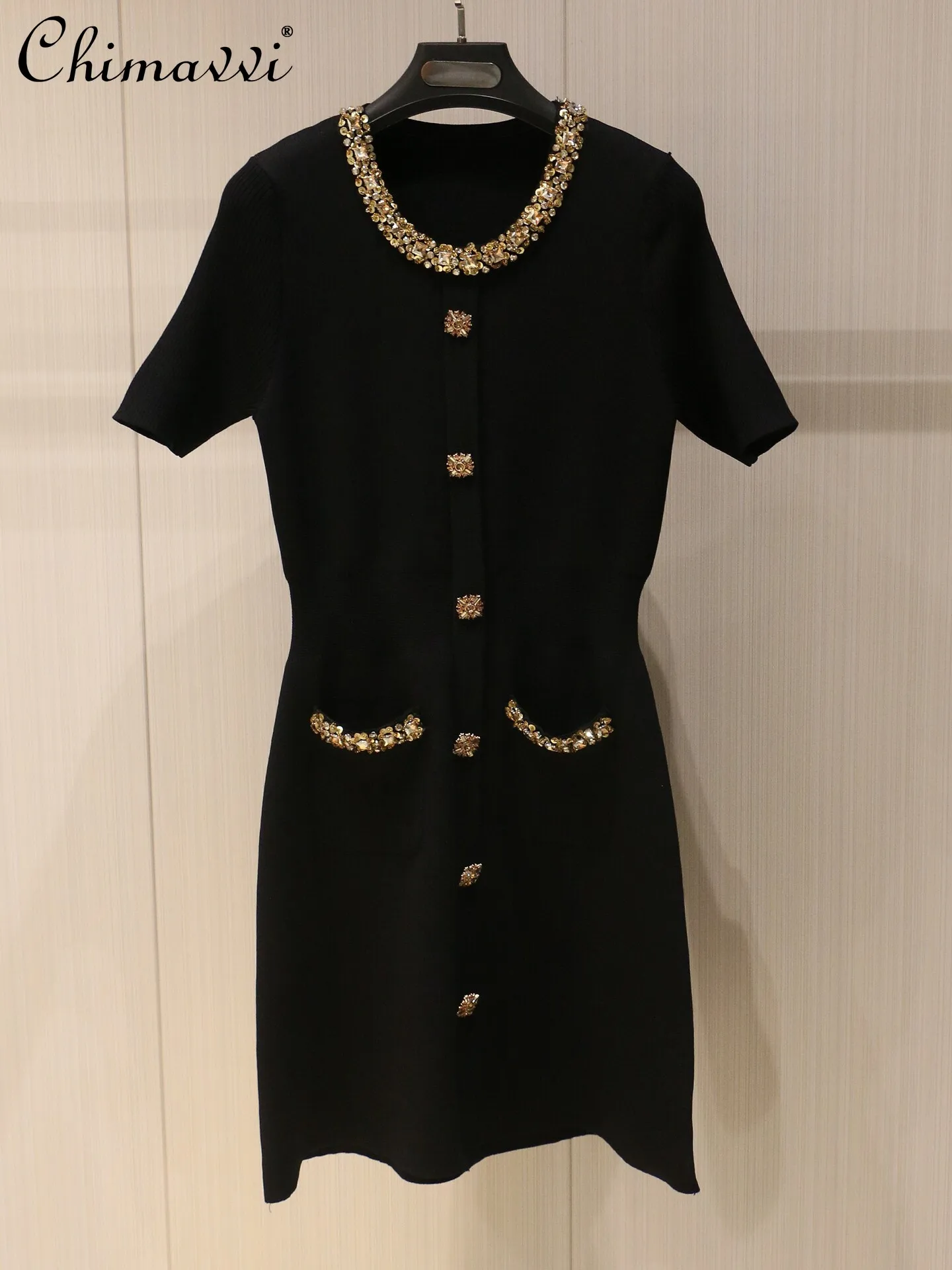 

High-end Black Short-sleeve Dress Women 2026 Summer New Exquisite Beaded Cinched Waist Elegant Party Short Black Knit Dress