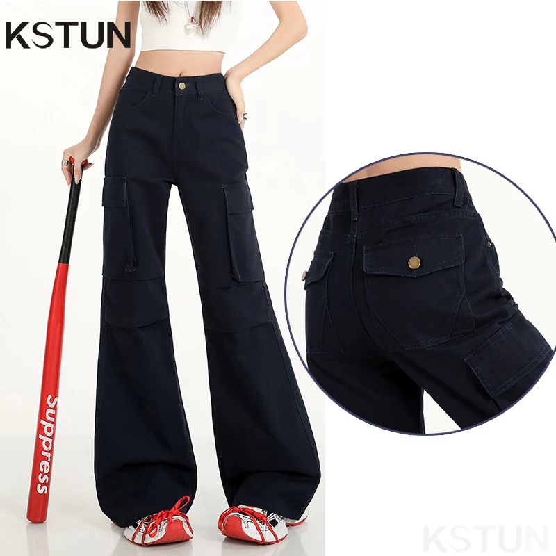 

KSTUN Navy Blue Women's High Waisted Cargo Pants 100% Cotton Bell Bottom Jeans Boot Cut Trousers Fashion Pockets Outdoor Pants