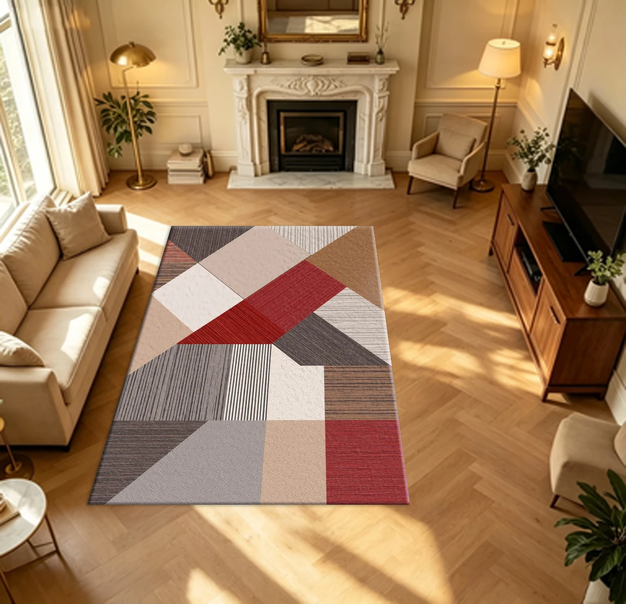 Modern Geometric Wood Texture Carpet Flooring Multi‑Tone Triangle Splicing Household Indoor Decor Large Area Rug