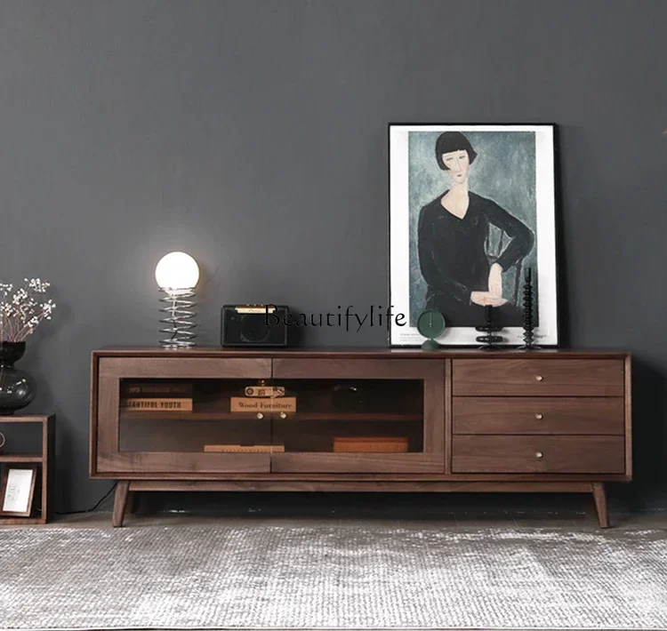 

Шкаф для телевизора LNordic из цельного дерева, современный простой аудиовизуальный шкаф в стиле ретро из черного ореха