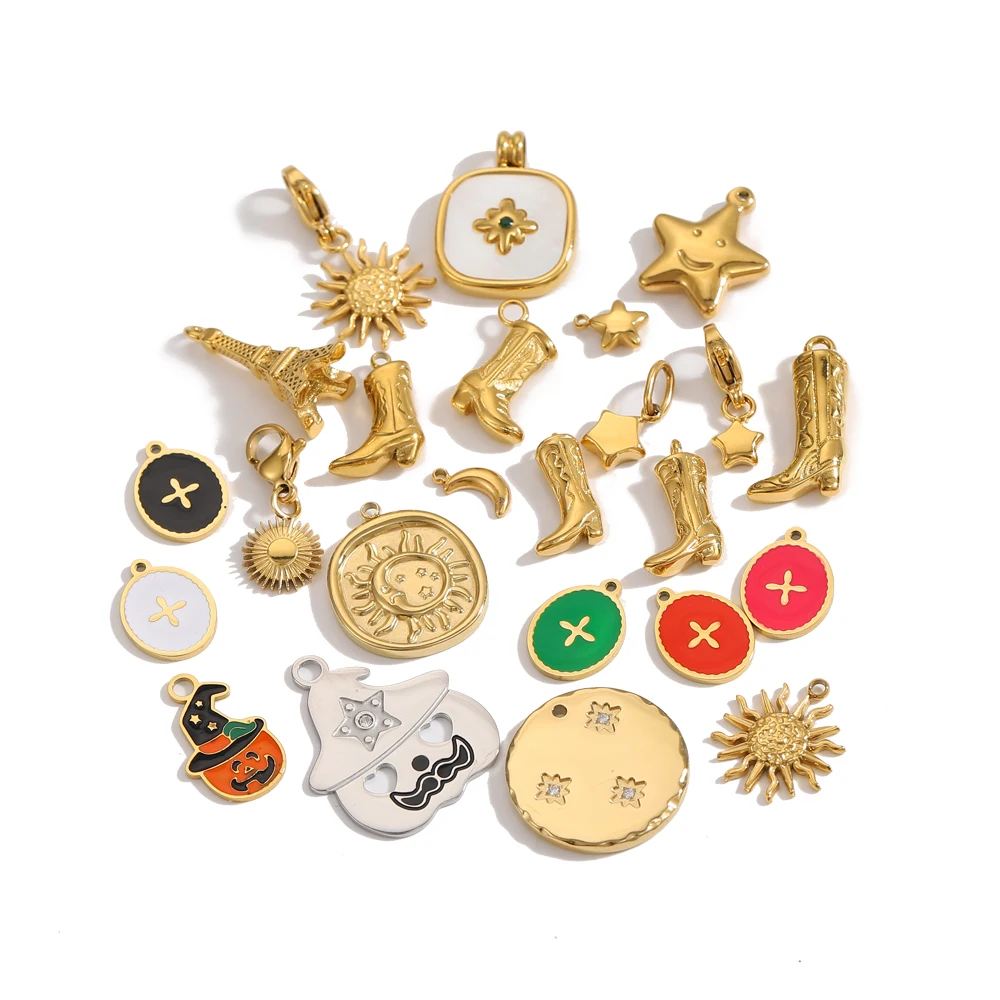 3PCS/LOT CARLIDANA Gold Plated Enamel Charms, Sun Star Boots Halloween Pendants, Stainless Steel DIY Jewelry With Clasp