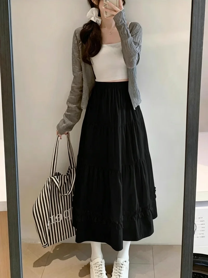 2026 Frühling Sommer Koreanischer Stil Mehrstufiger Rüschen-Fransen-Midirock für Damen mit Elastischer Taille A-Linie Vielseitiges Design Halbrock – Detail 9