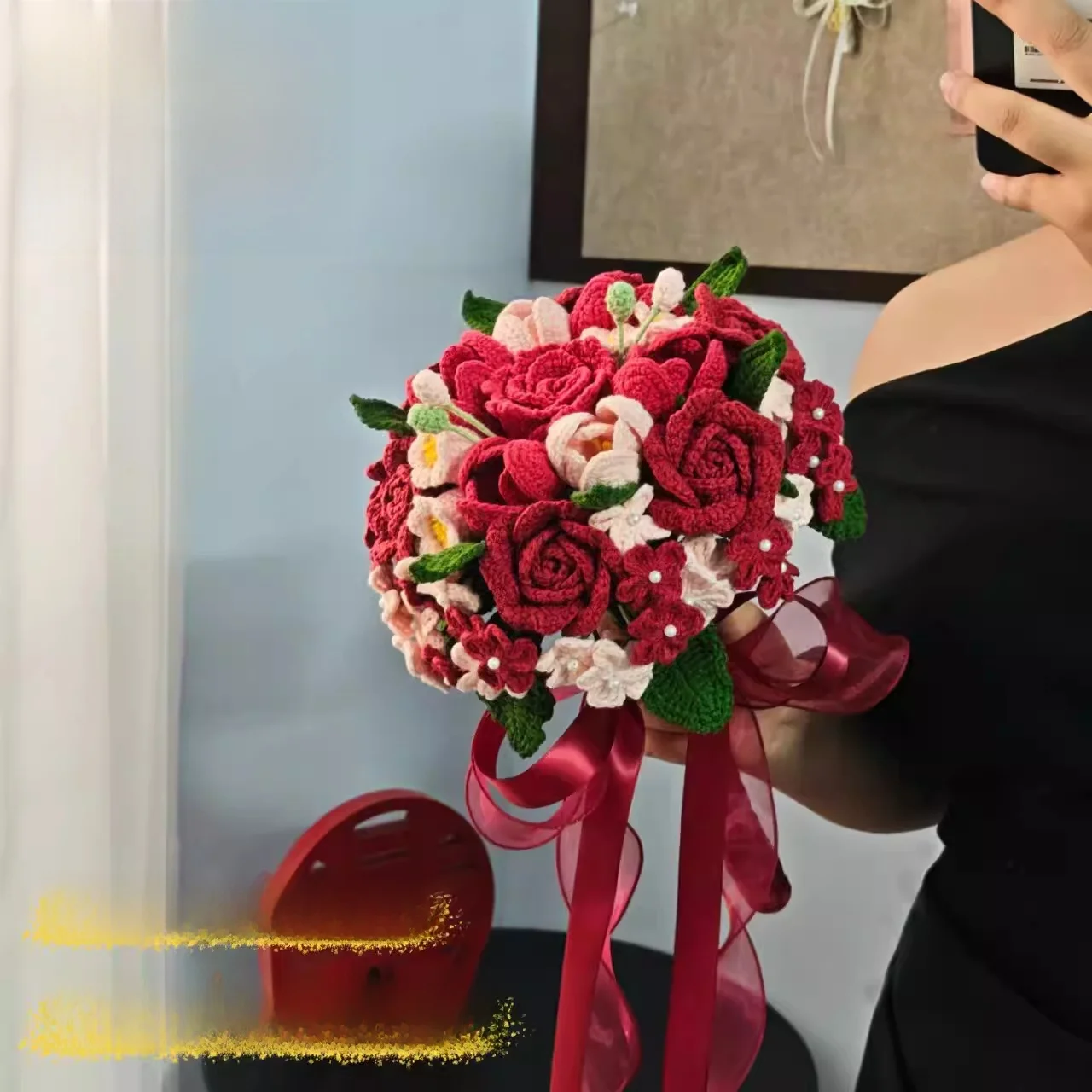 赤いブライダルブーケ-diy-編み物材料キット-完成品-ローズ-チューリップ-友人への結婚祝い-xuefei-diy-クラフト用品