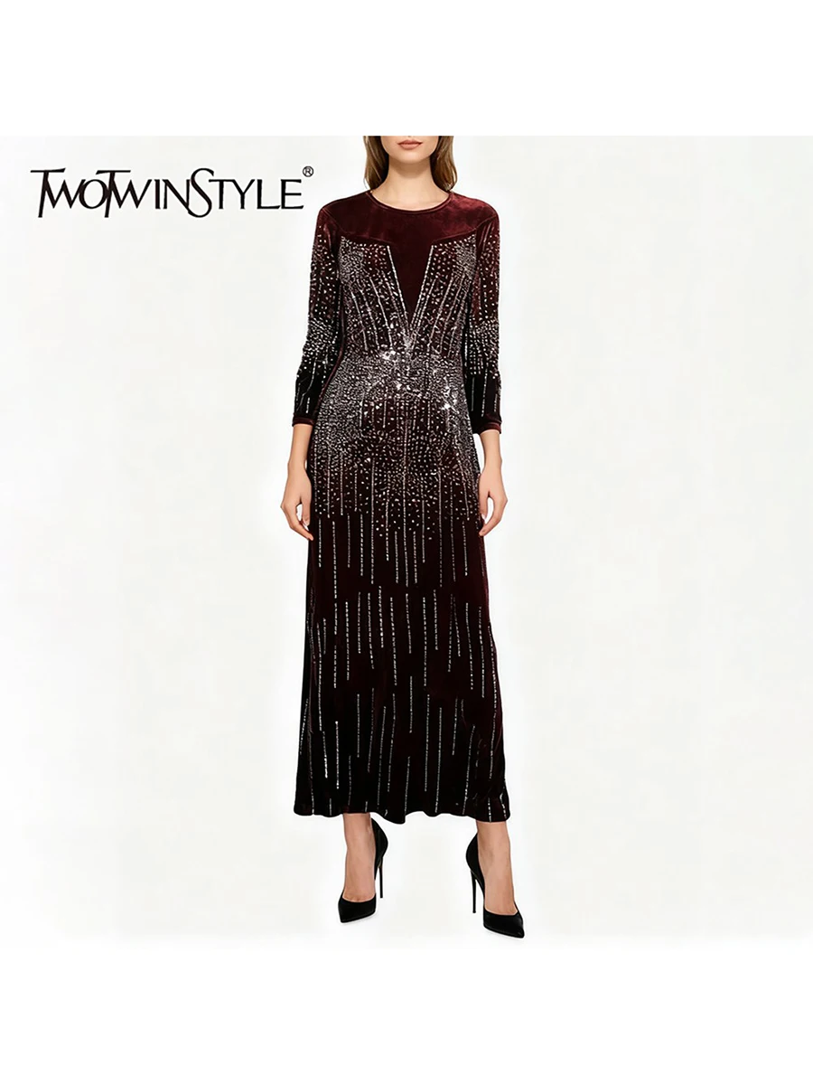 

TWOTWINSTYLE утягивающие сращенные темпераментные платья для женщин с круглым вырезом и длинными рукавами, модное женское платье с высокой талией, новое